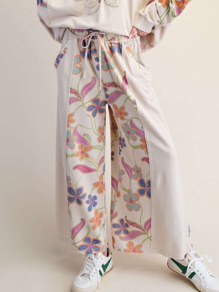 New Easel Knit Pants Boho Floral Washed Terry Relaxed Wide Leg Pull On Comfort